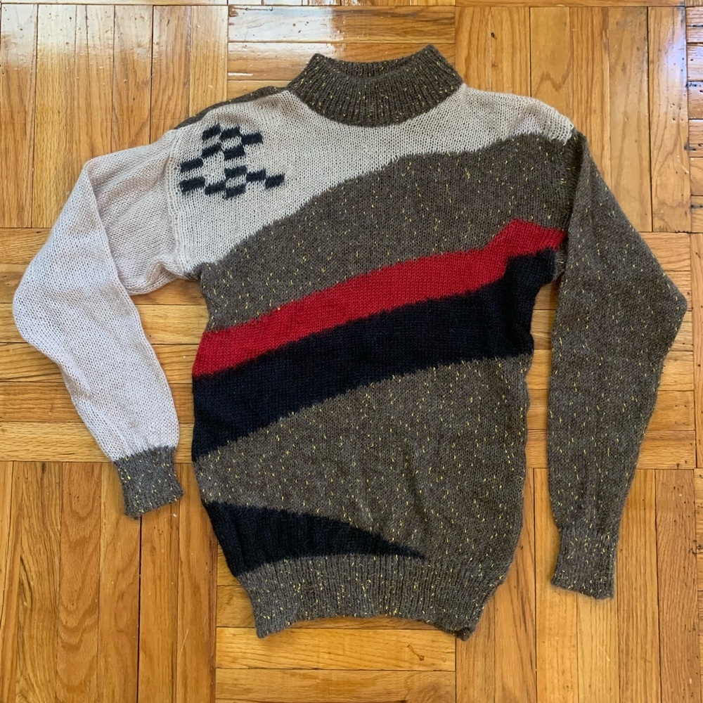 VTG 80s Mohair Blend Graphic Patterned Mock Neck Sweater Size M/L